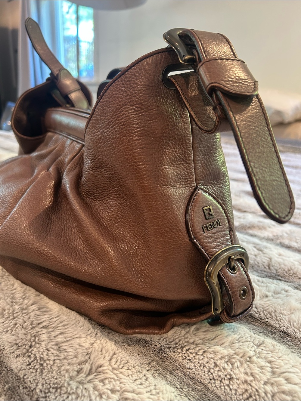 Fendi Doctor Hobo Brown Pebbled Leather Borsa with Brass Buckle